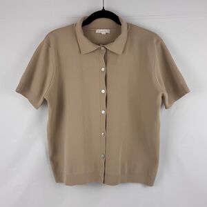 Aritzia All Row Collared Short Sleeve Button Up Knit Top Beige L